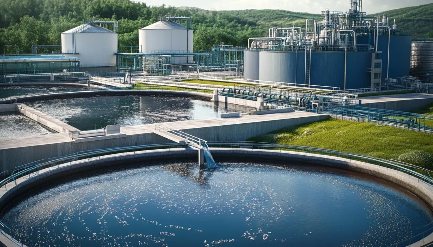 A wastewater treatment plant with circular clarifier tanks and treatment piping