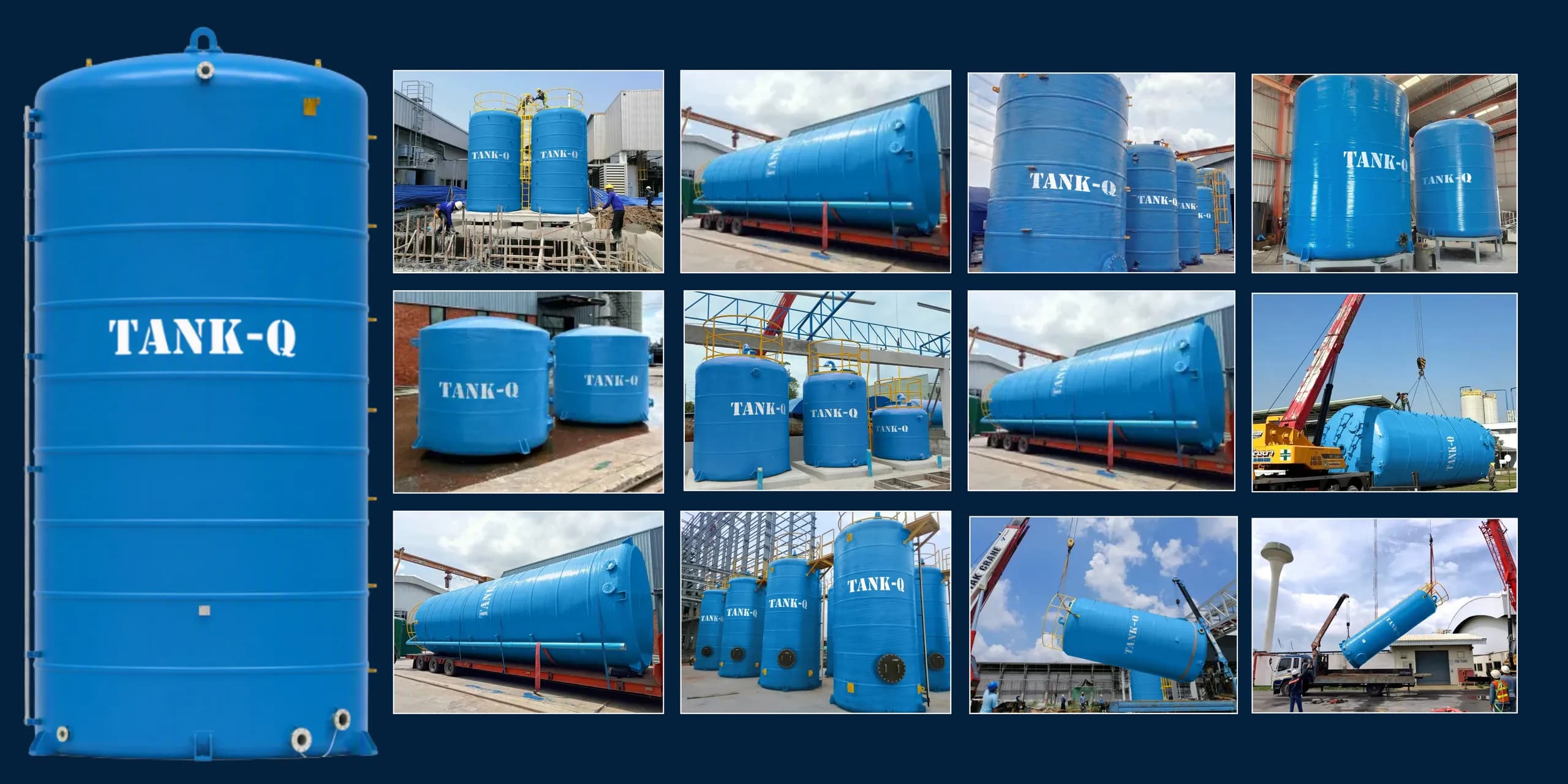 A tall FRP vertical tank beside photos of TankQ tanks installed at factories and lifted into place by crane