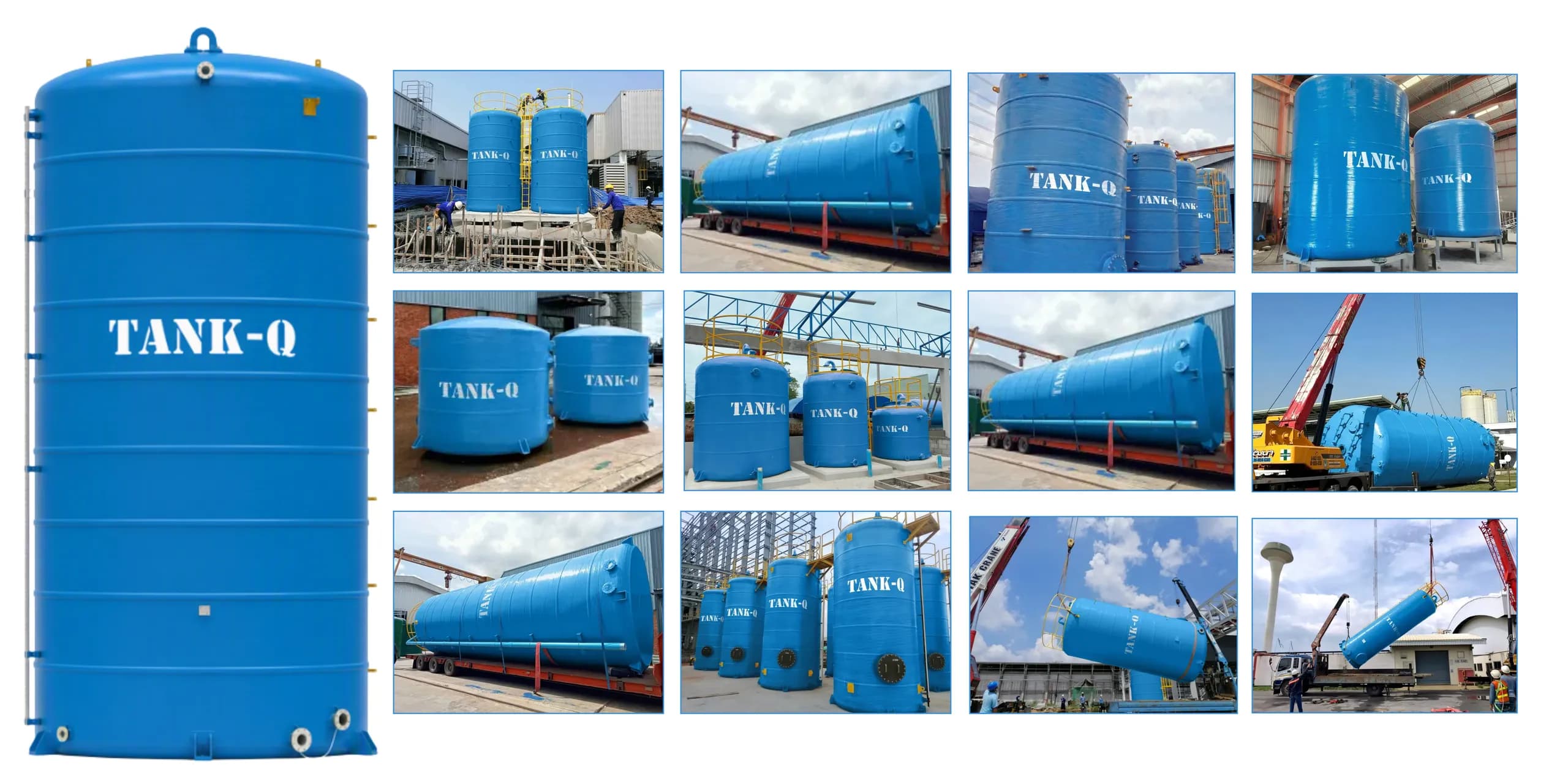 A tall FRP vertical tank beside photos of TankQ tanks installed at factories and lifted into place by crane