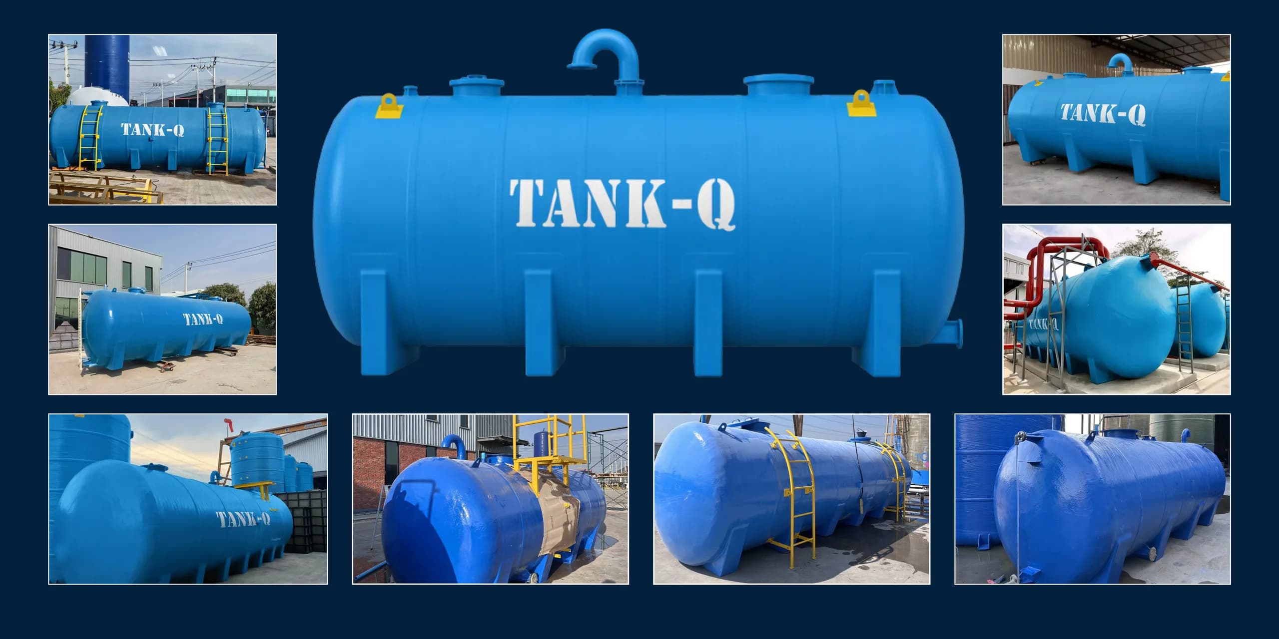 A horizontal FRP tank with mounting legs, surrounded by photos of TankQ horizontal tanks on site