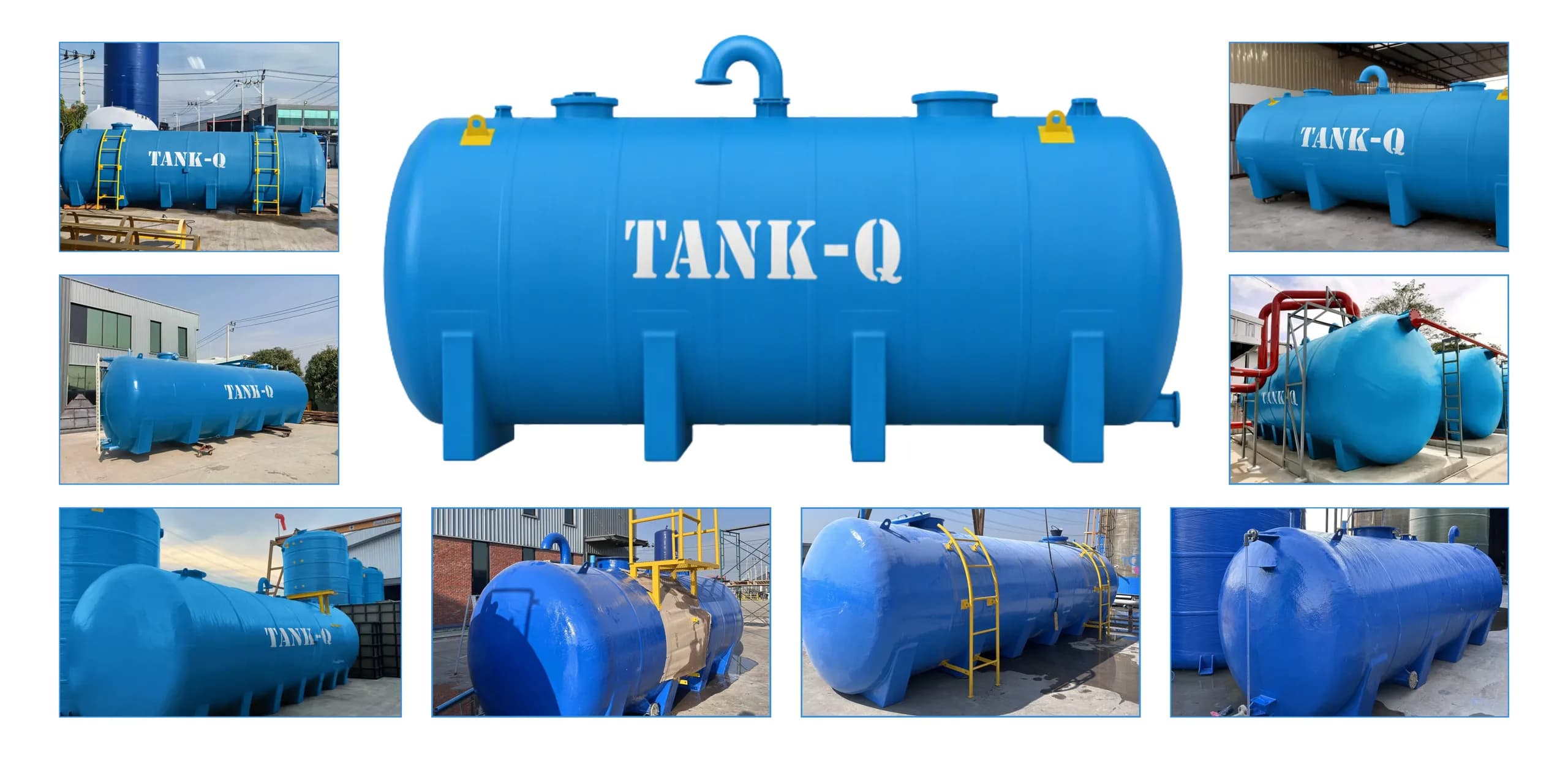 A horizontal FRP tank with mounting legs, surrounded by photos of TankQ horizontal tanks on site